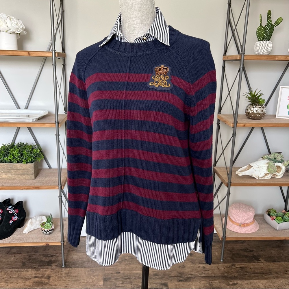 Lauren Ralph Lauren Bullion Crest Faux Layered Sweater Navy Red Stripe Medium - Picture 4 of 17